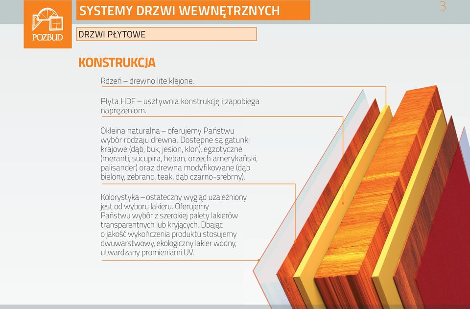 Dostępne są gatunki krajowe (dąb, buk, jesion, klon), egzotyczne (meranti, sucupira, heban, orzech amerykański, palisander) oraz drewna modyfikowane (dąb