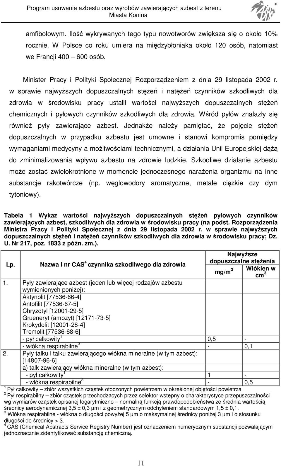 w sprawie najwyŝszych dopuszczalnych stęŝeń i natęŝeń czynników szkodliwych dla zdrowia w środowisku pracy ustalił wartości najwyŝszych dopuszczalnych stęŝeń chemicznych i pyłowych czynników