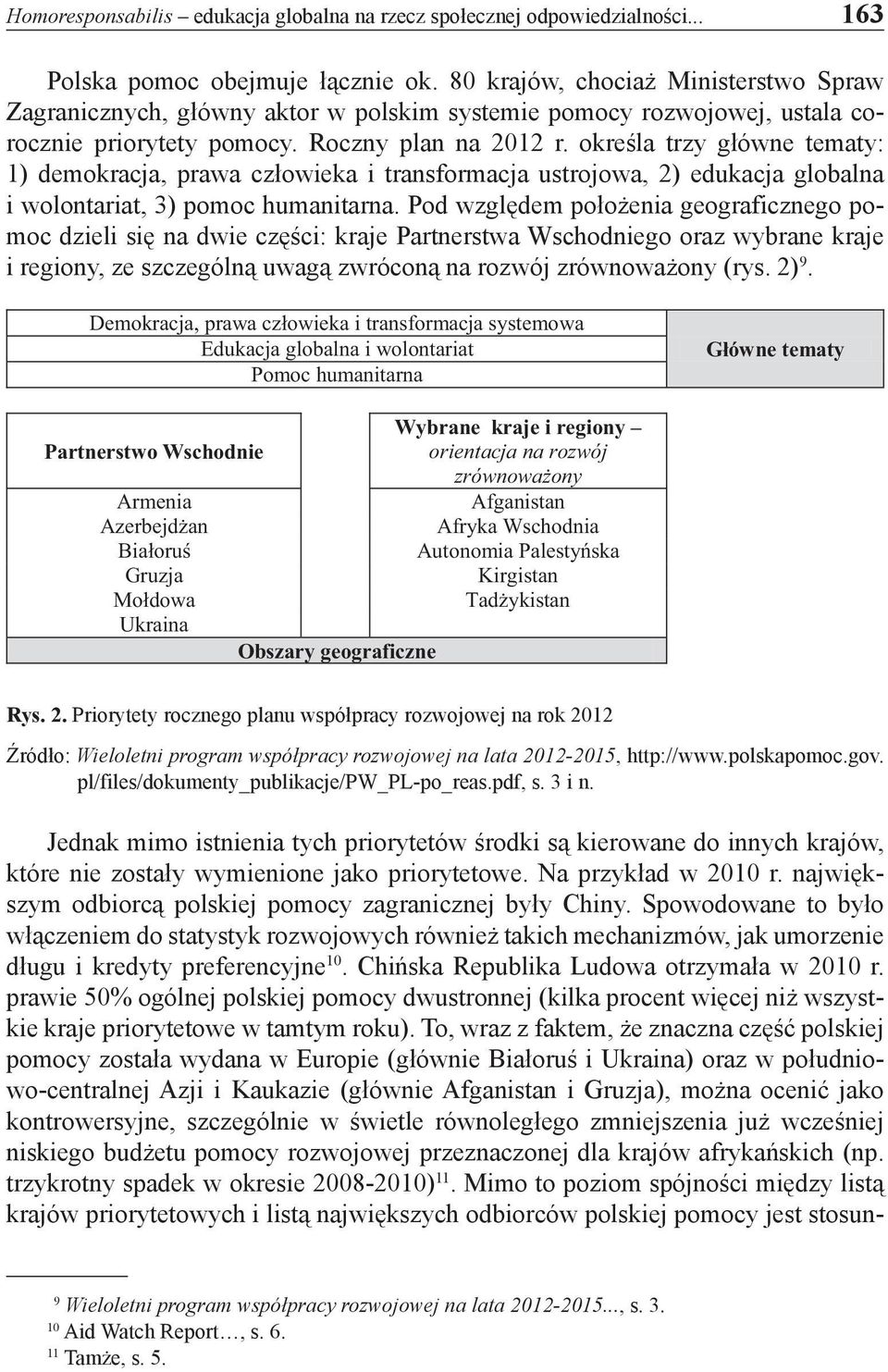 określa trzy główne tematy: 1) demokracja, prawa człowieka i transformacja ustrojowa, 2) edukacja globalna i wolontariat, 3) pomoc humanitarna.