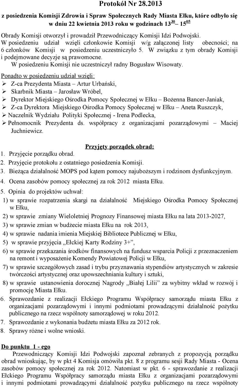 Komisji Idzi Podwojski. W posiedzeniu udział wzięli członkowie Komisji w/g załączonej listy obecności; na 6 członków Komisji w posiedzeniu uczestniczyło 5.