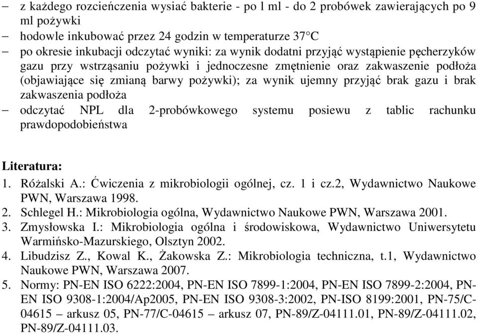 brak zakwaszenia podłoża odczytać NPL dla 2-probówkowego systemu posiewu z tablic rachunku prawdopodobieństwa Literatura: 1. Różalski A.: Ćwiczenia z mikrobiologii ogólnej, cz. 1 i cz.