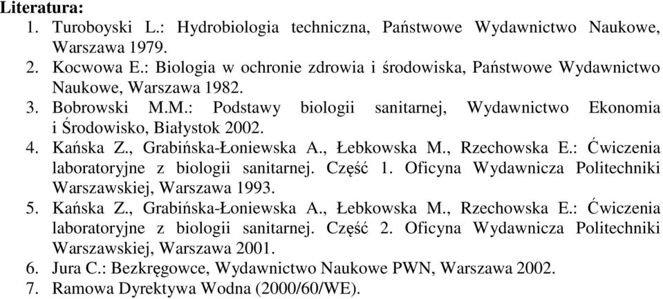 Kańska Z., Grabińska-Łoniewska A., Łebkowska M., Rzechowska E.: Ćwiczenia laboratoryjne z biologii sanitarnej. Część 1. Oficyna Wydawnicza Politechniki Warszawskiej, Warszawa 1993. 5. Kańska Z.