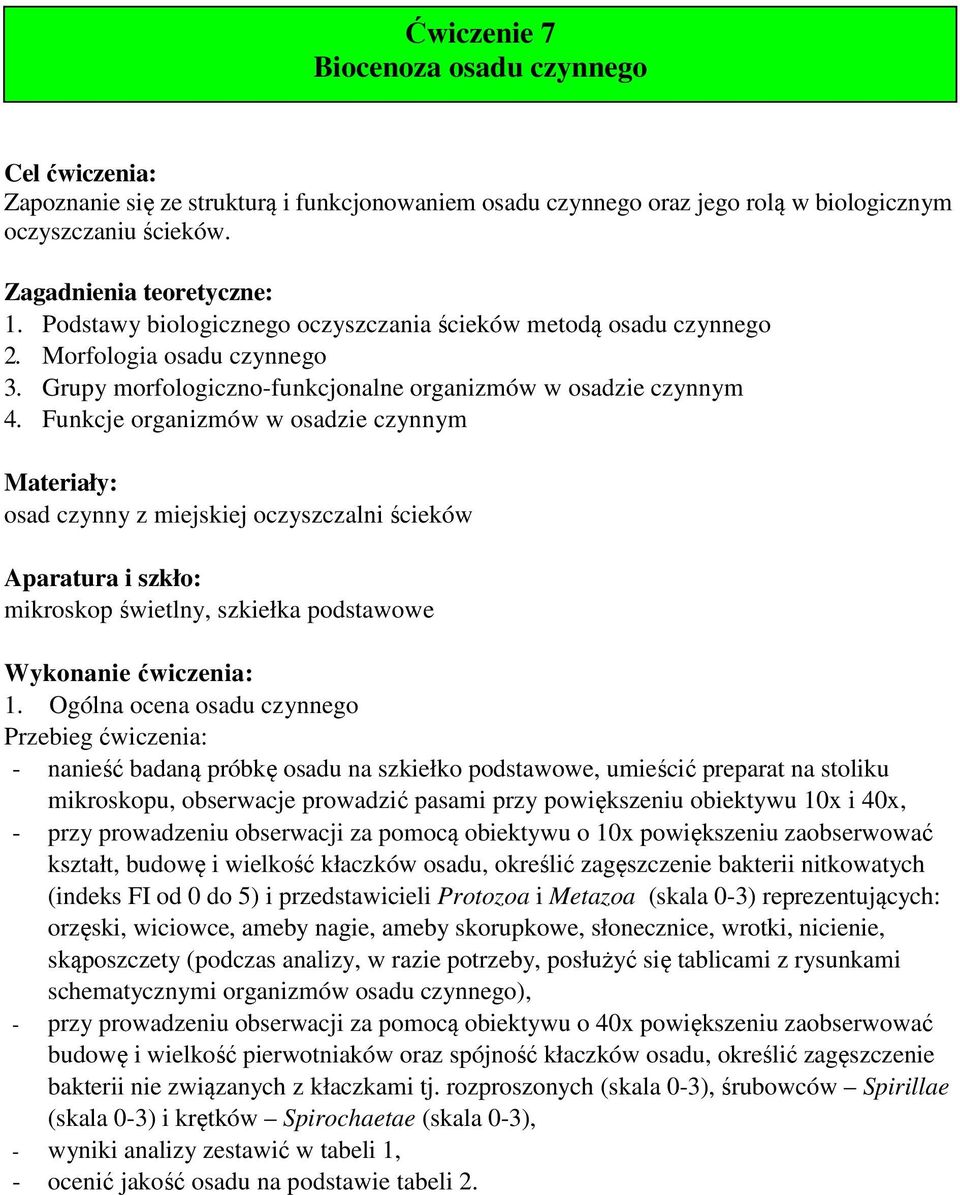 Funkcje organizmów w osadzie czynnym Materiały: osad czynny z miejskiej oczyszczalni ścieków Aparatura i szkło: mikroskop świetlny, szkiełka podstawowe Wykonanie ćwiczenia: 1.