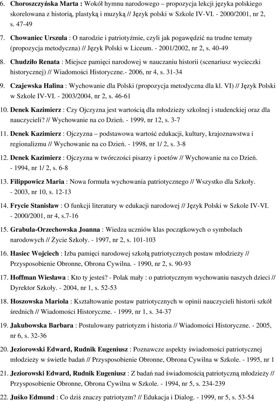 Chudziło Renata : Miejsce pamięci narodowej w nauczaniu historii (scenariusz wycieczki historycznej) // Wiadomości Historyczne.- 2006, nr 4, s. 31-34 9.