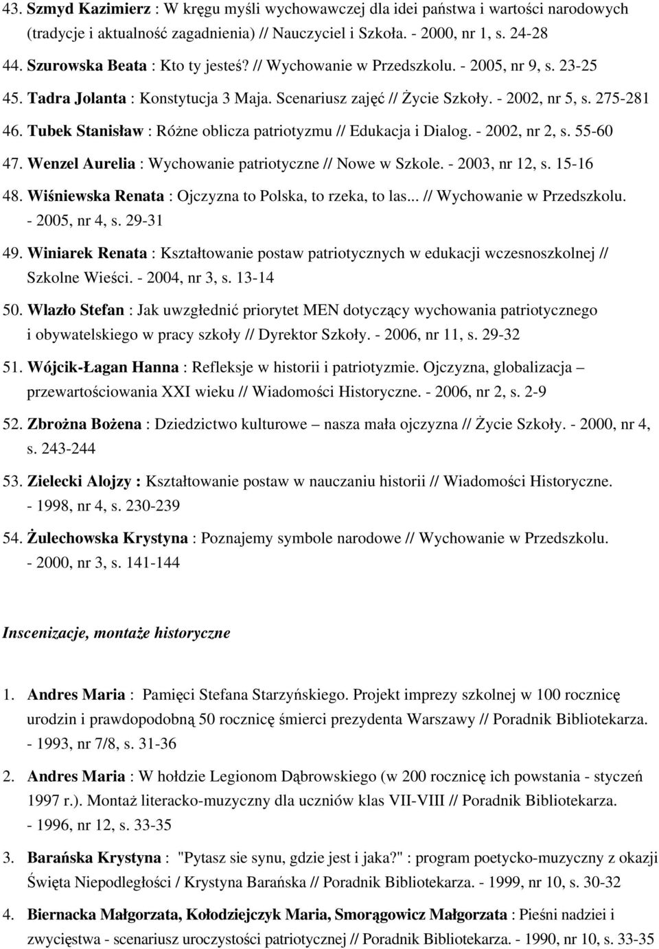 Tubek Stanisław : Różne oblicza patriotyzmu // Edukacja i Dialog. - 2002, nr 2, s. 55-60 47. Wenzel Aurelia : Wychowanie patriotyczne // Nowe w Szkole. - 2003, nr 12, s. 15-16 48.