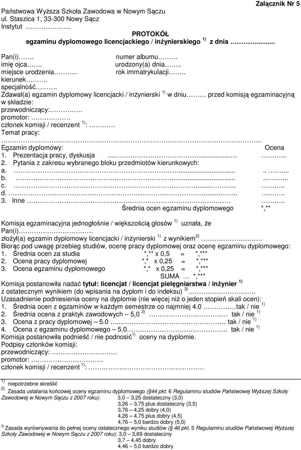 Zdawał(a) egzamin dyplomowy licencjacki / inżynierski 1) w dniu przed komisją egzaminacyjną w składzie: przewodniczący: promotor: członek komisji / recenzent 1) : Temat pracy:.