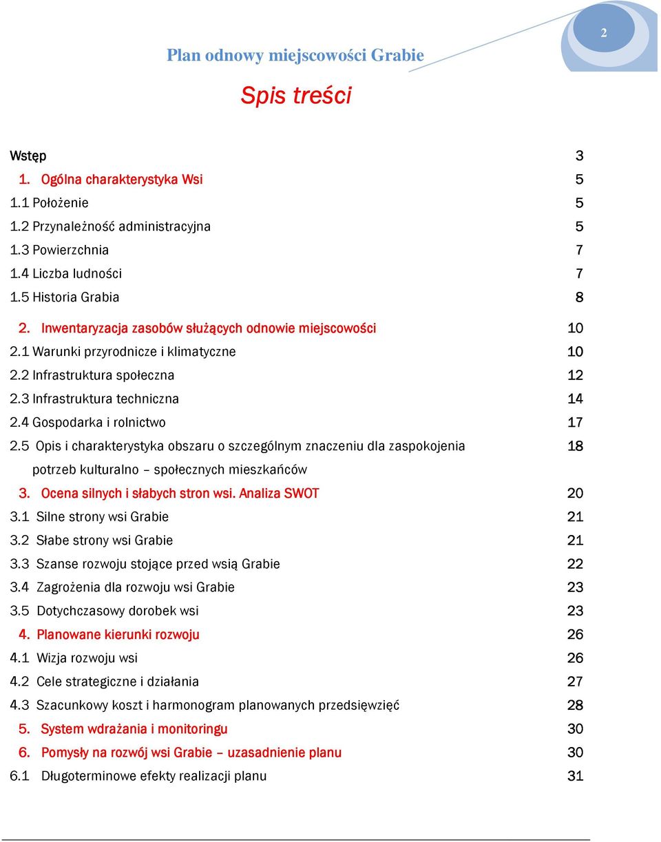 5 Opis i charakterystyka bszaru szczególnym znaczeniu dla zaspkjenia 18 ptrzeb kulturaln spłecznych mieszkańców 3. Ocena silnych i słabych strn wsi. Analiza SWOT 20 3.1 Silne strny wsi Grabie 21 3.