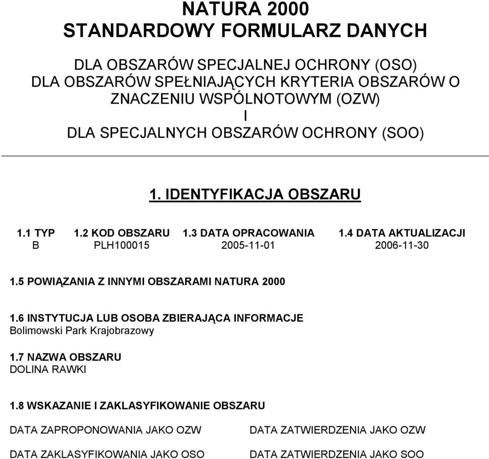 4 DATA AKTUALIZACJI B PLH100015 2005-11-01 2006-11-30 1.5 POWIĄZANIA Z INNYMI OBSZARAMI NATURA 2000 1.