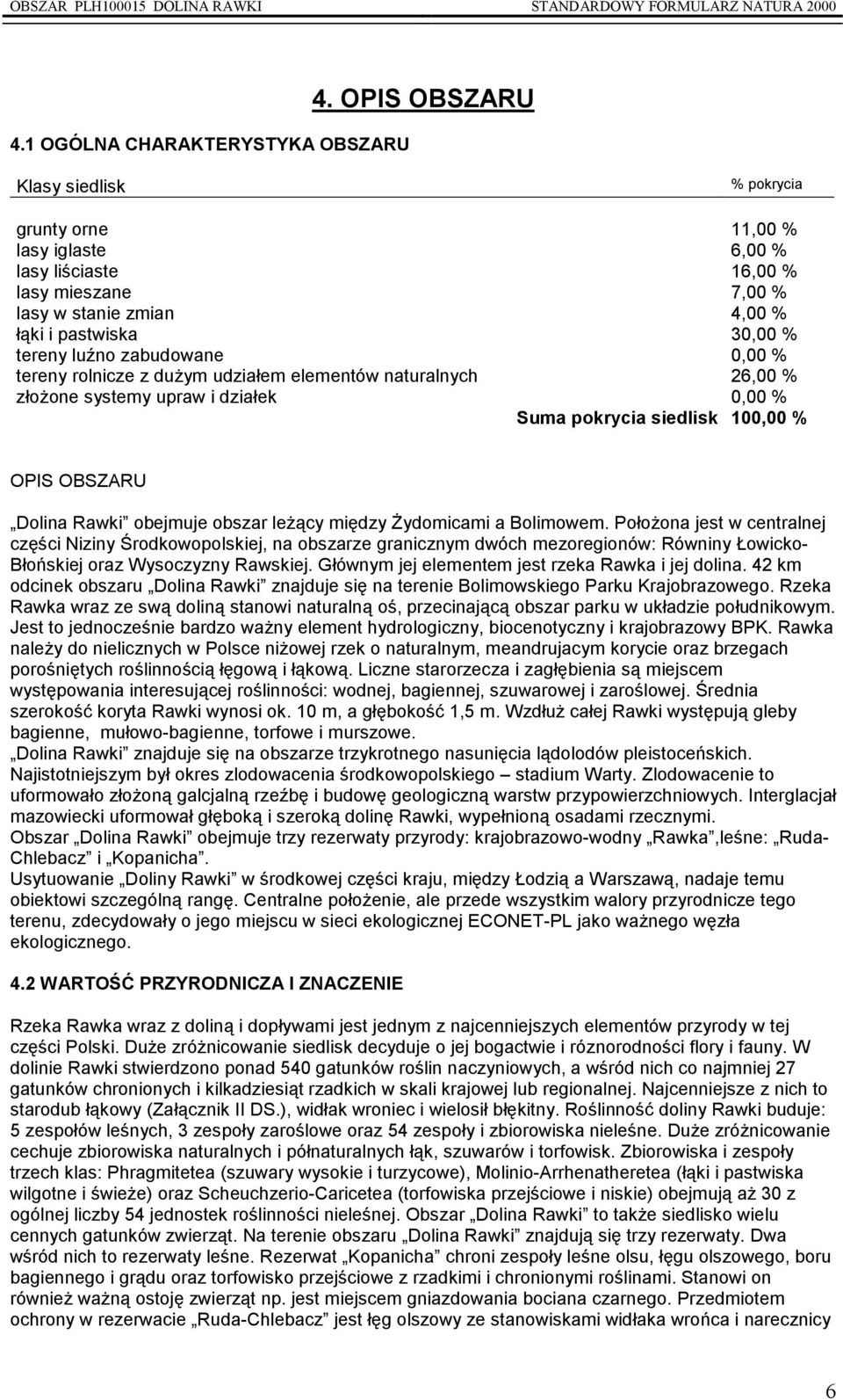 0,00 % tereny rolnicze z dużym udziałem elementów naturalnych 26,00 % złożone systemy upraw i działek 0,00 % Suma pokrycia siedlisk 100,00 % OPIS OBSZARU Dolina Rawki obejmuje obszar leżący między