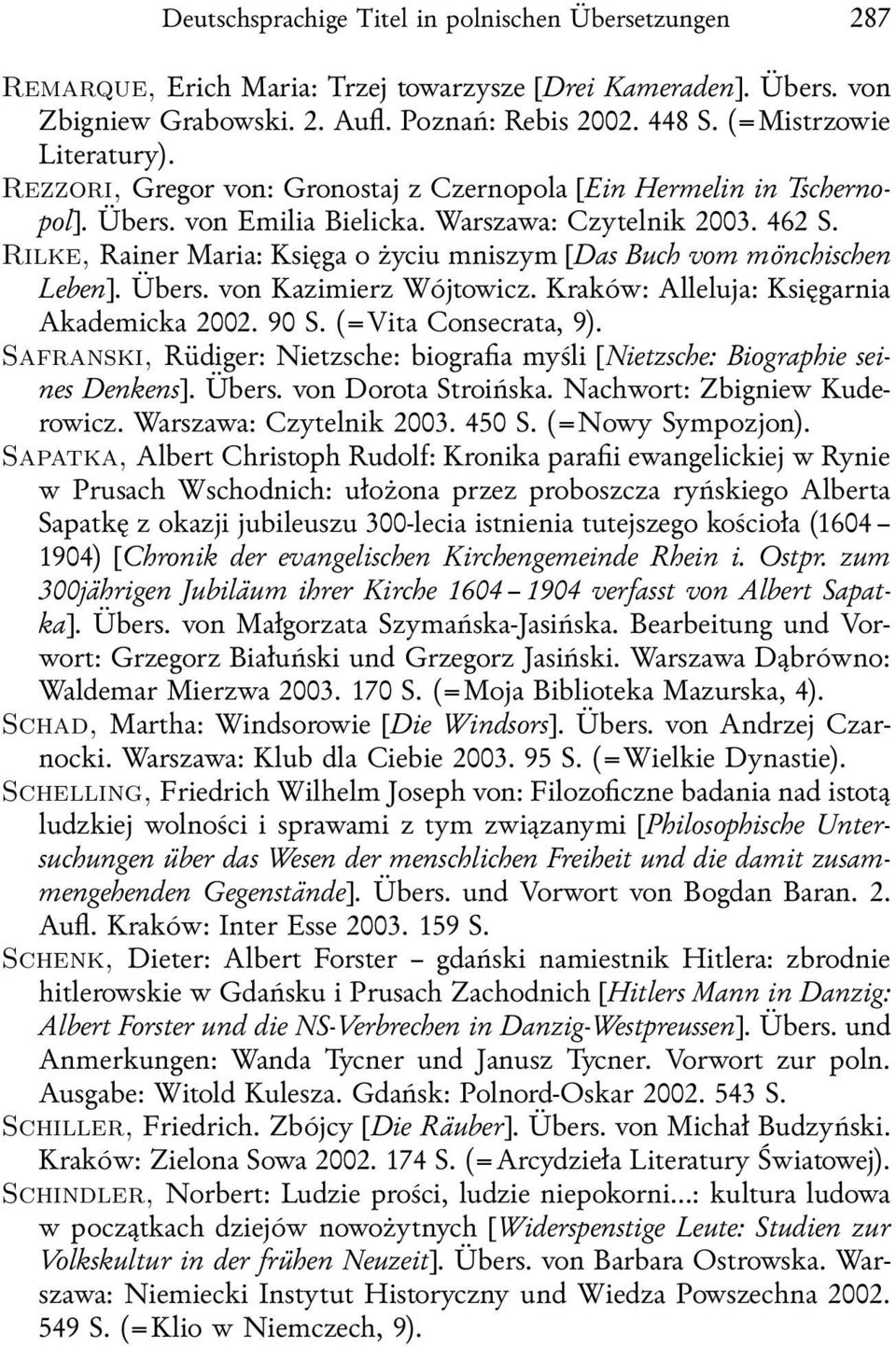 Rilke, Rainer Maria: Księga o życiu mniszym [Das Buch vom mönchischen Leben]. Übers. von Kazimierz Wójtowicz. Kraków: Alleluja: Księgarnia Akademicka 2002. 90 S. (=Vita Consecrata, 9).