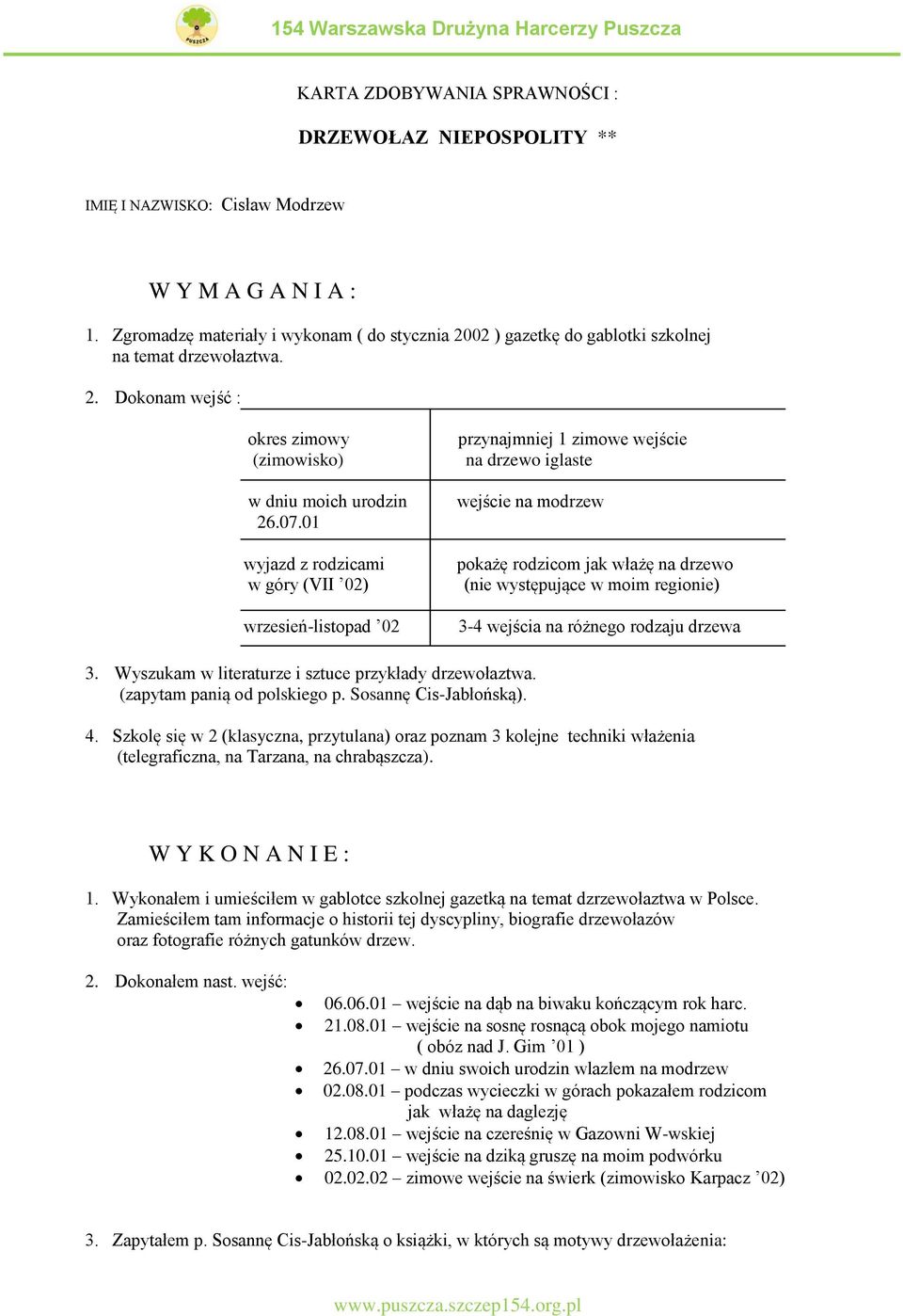 01 wyjazd z rodzicami w góry (VII 02) wrzesień-listopad 02 przynajmniej 1 zimowe wejście na drzewo iglaste wejście na modrzew pokażę rodzicom jak włażę na drzewo (nie występujące w moim regionie) 3-4