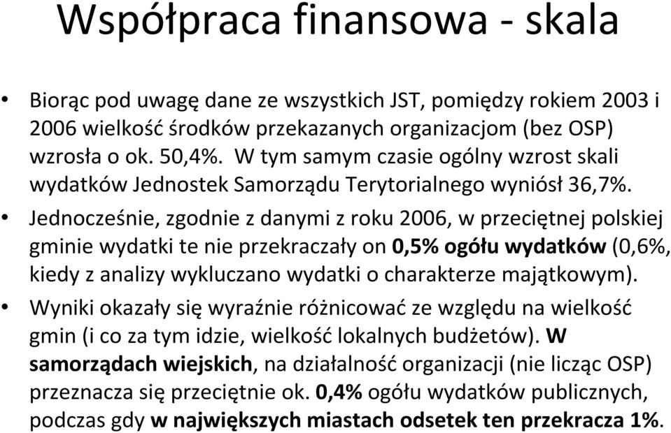 Jednocześnie, zgodnie z danymi z roku 2006, w przeciętnej polskiej gminie wydatki te nie przekraczały on 0,5% ogółu wydatków(0,6%, kiedy z analizy wykluczano wydatki o charakterze majątkowym).