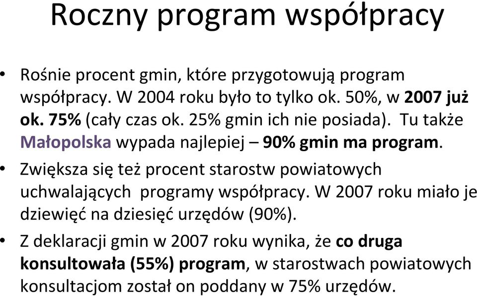 Zwiększa sięteżprocent starostw powiatowych uchwalających programy współpracy.