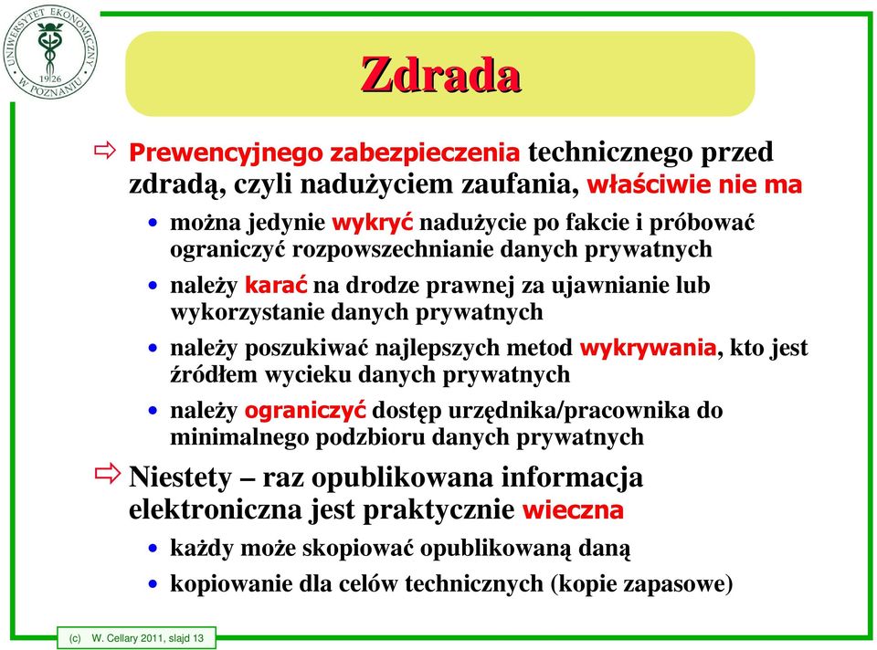 wykrywania, kto jest źródłem wycieku danych prywatnych należy ograniczyć dostęp urzędnika/pracownika do minimalnego podzbioru danych prywatnych Niestety raz