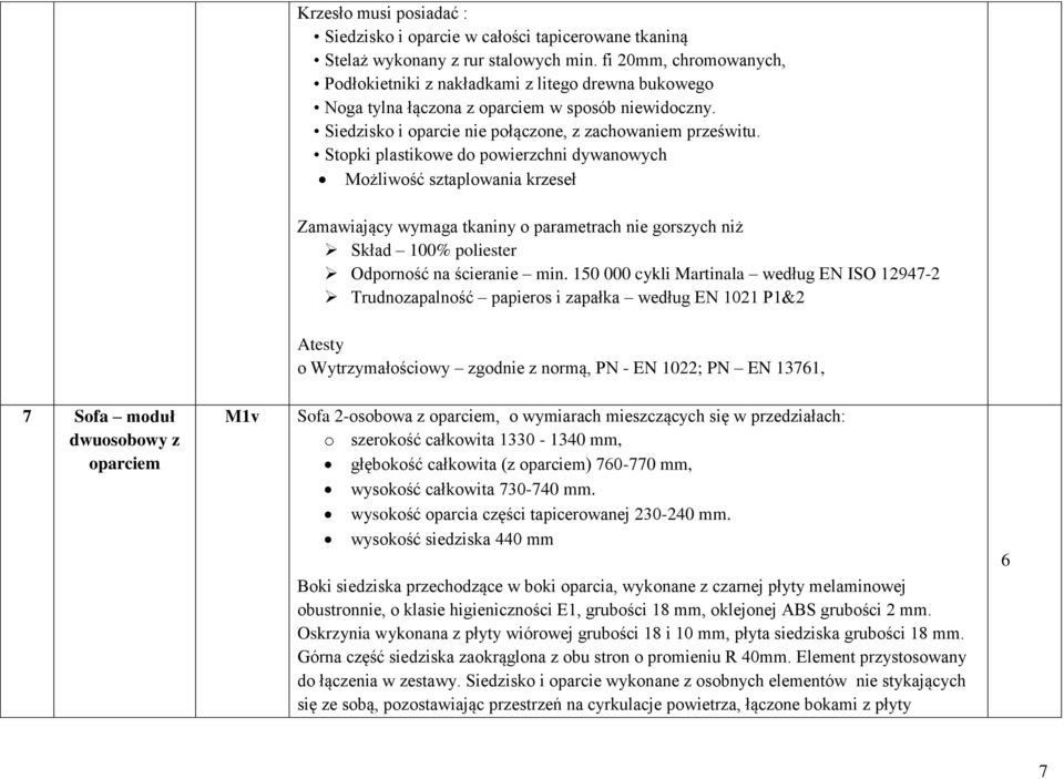 Stopki plastikowe do powierzchni dywanowych Możliwość sztaplowania krzeseł Zamawiający wymaga tkaniny o parametrach nie gorszych niż Skład 00% poliester Odporność na ścieranie min.