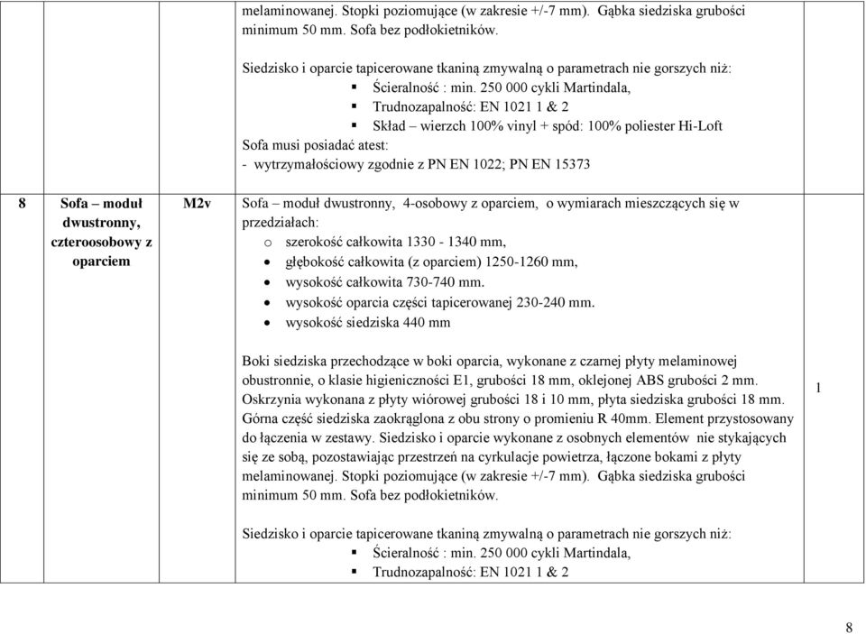 250 000 cykli Martindala, Trudnozapalność: EN 02 & 2 Skład wierzch 00% vinyl + spód: 00% poliester Hi-Loft Sofa musi posiadać atest: - wytrzymałościowy zgodnie z PN EN 022; PN EN 5373 8 Sofa moduł