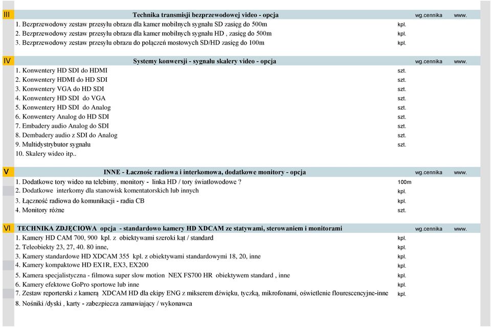 IV Systemy konwersji - sygnału skalery video - opcja wg.cennika www. 1. Konwentery HD SDI do HDMI szt. 2. Konwentery HDMI do HD SDI szt. 3. Konwentery VGA do HD SDI szt. 4.