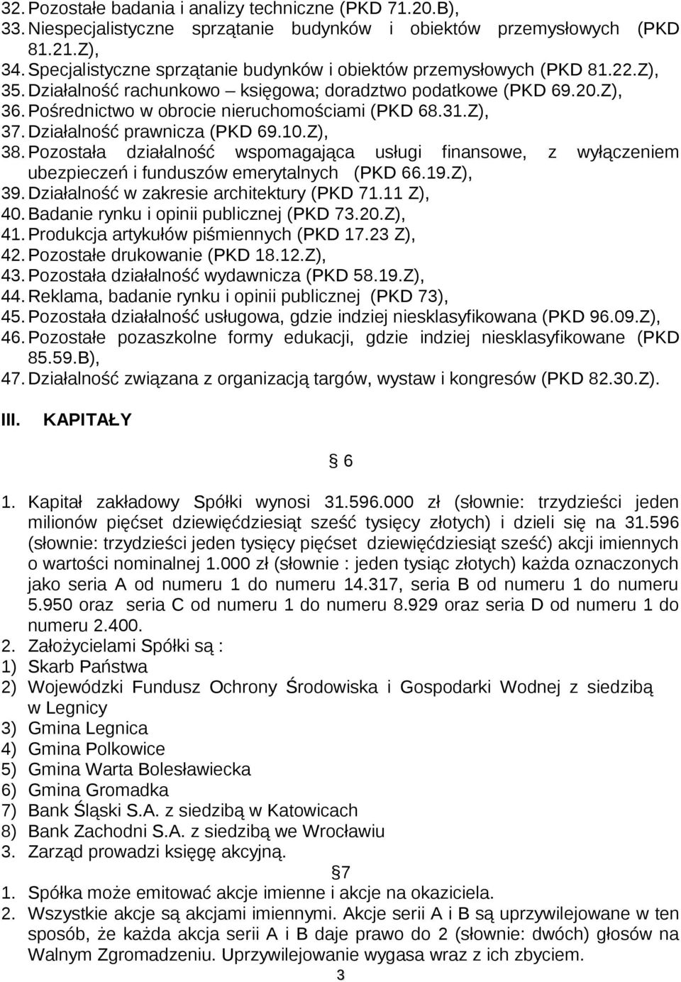 31.Z), 37. Działalność prawnicza (PKD 69.10.Z), 38.Pozostała działalność wspomagająca usługi finansowe, z wyłączeniem ubezpieczeń i funduszów emerytalnych (PKD 66.19.Z), 39.