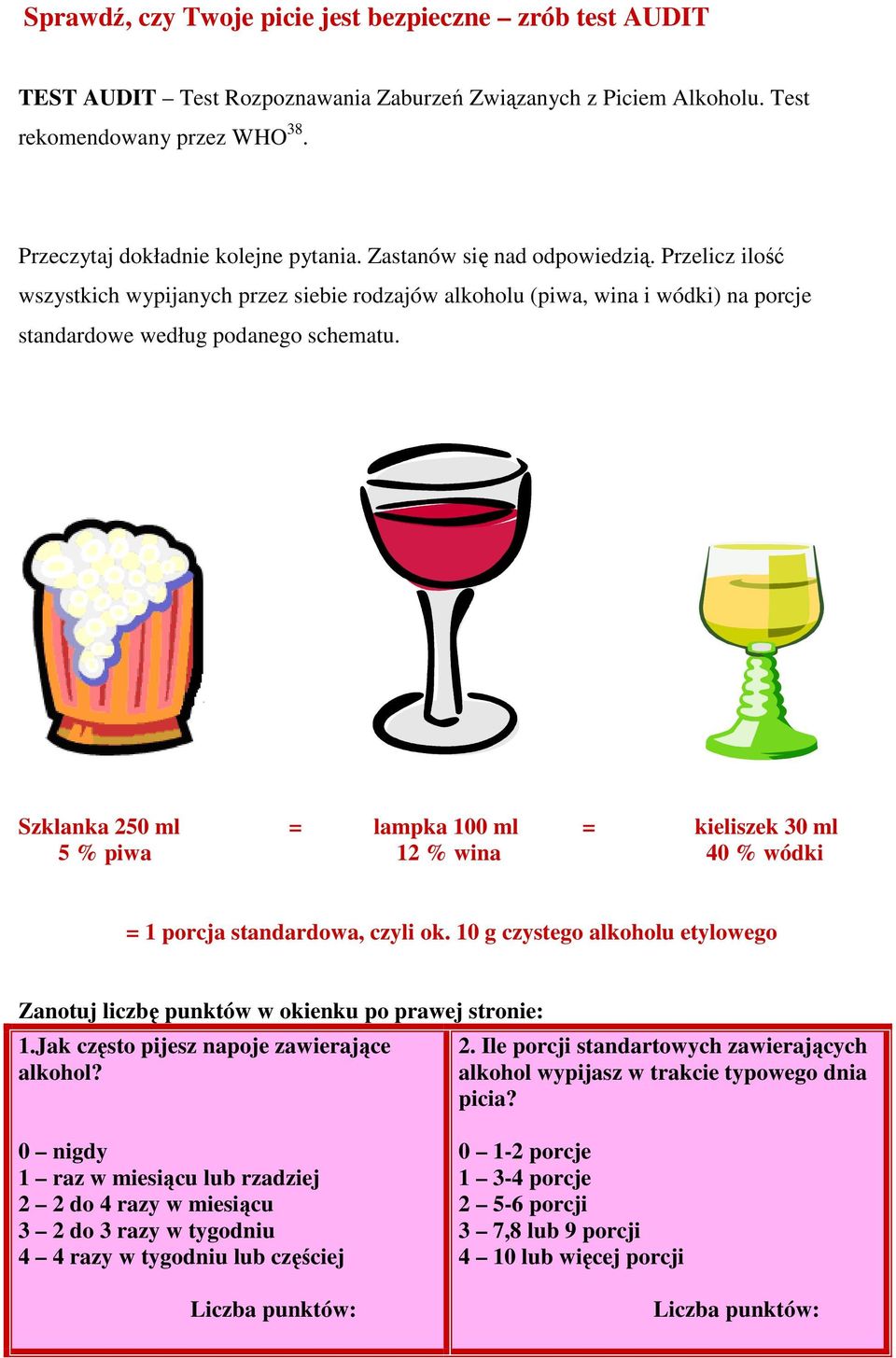 Szklanka 250 ml = lampka 100 ml = kieliszek 30 ml 5 % piwa 12 % wina 40 % wódki = 1 porcja standardowa, czyli ok.