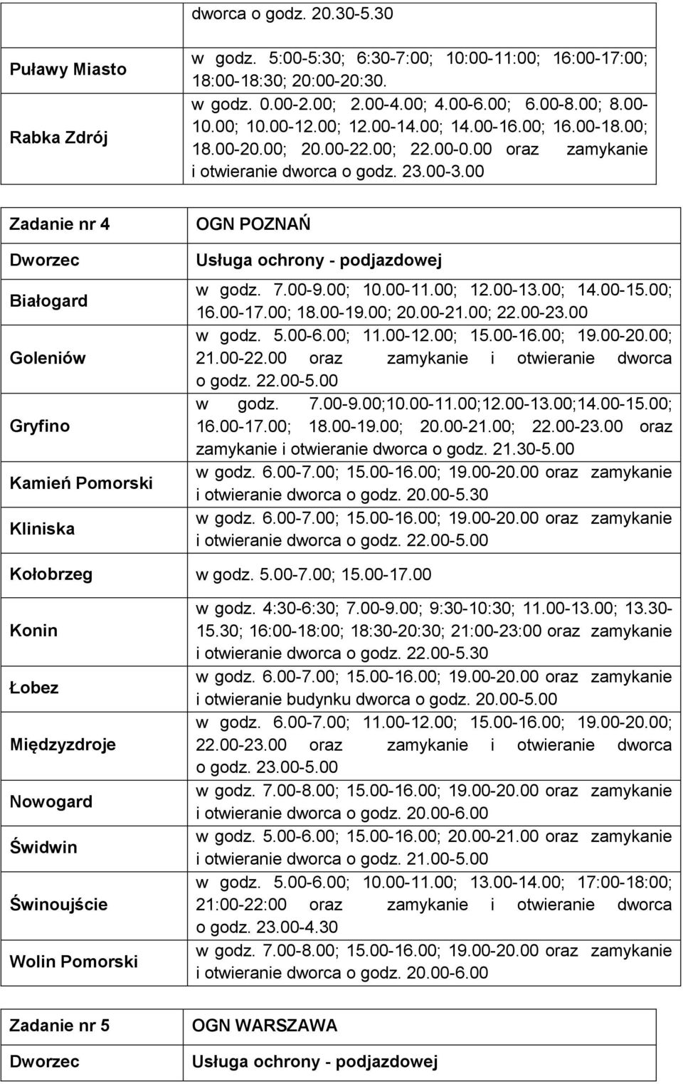 00 Zadanie nr 4 Białogard Goleniów Gryfino Kamień Pomorski Kliniska OGN POZNAŃ Usługa ochrony - podjazdowej w godz. 7.00-9.00; 10.00-11.00; 12.00-13.00; 14.00-15.00; 16.00-17.00; 18.00-19.00; 20.