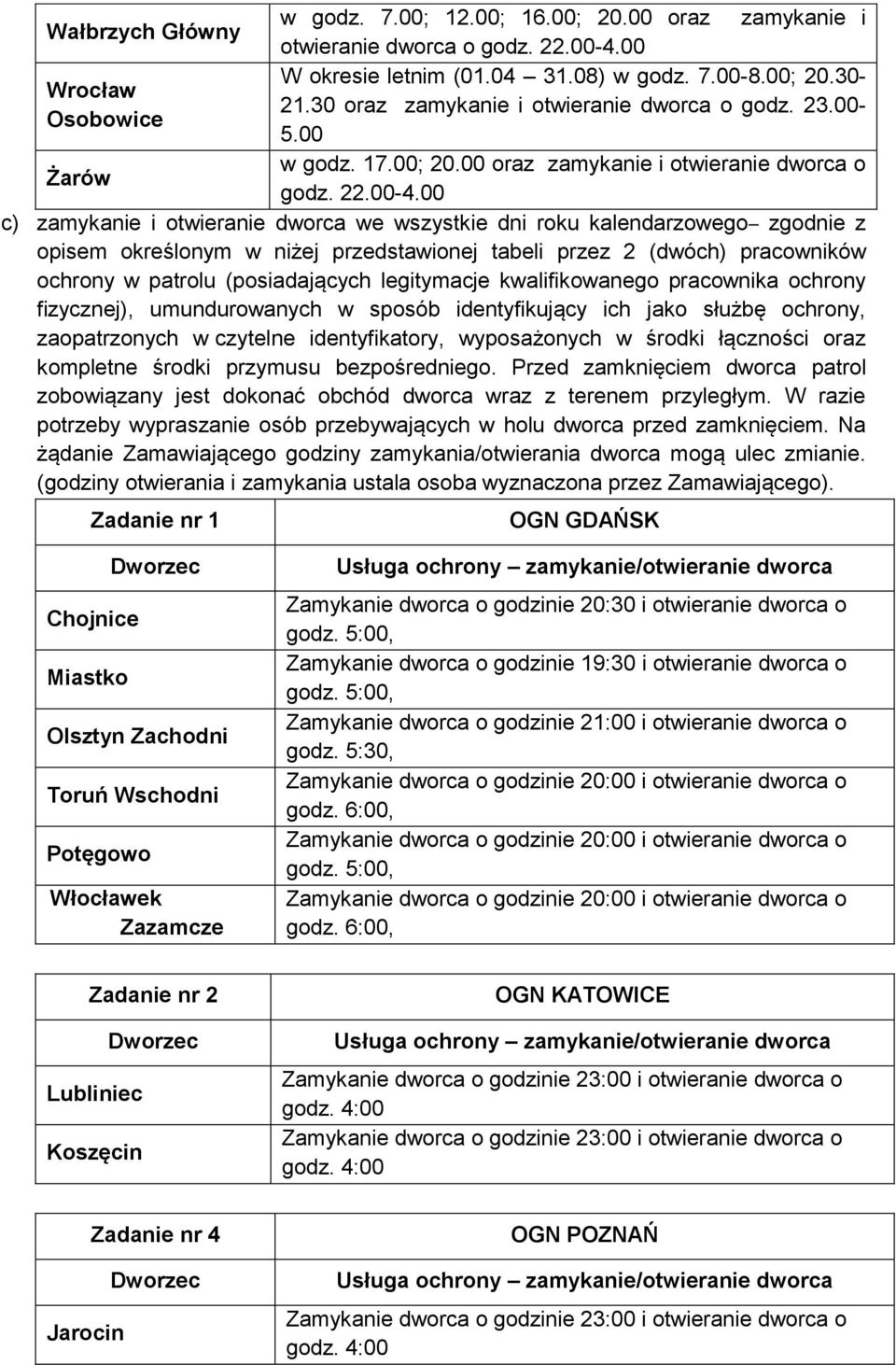 00 c) zamykanie i otwieranie dworca we wszystkie dni roku kalendarzowego zgodnie z opisem określonym w niżej przedstawionej tabeli przez 2 (dwóch) pracowników ochrony w patrolu (posiadających