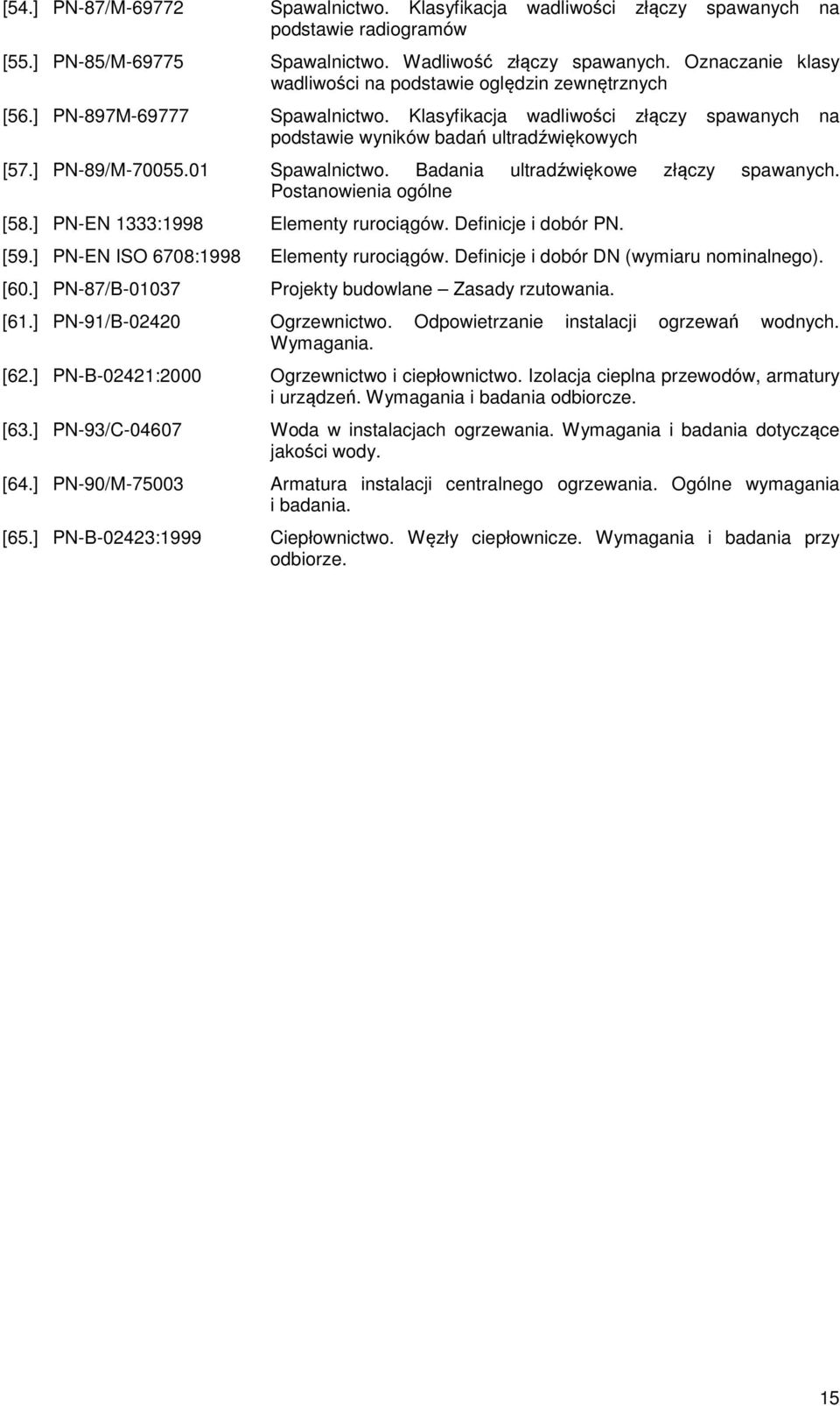 ] PN-89/M-70055.01 Spawalnictwo. Badania ultradźwiękowe złączy spawanych. Postanowienia ogólne [58.] PN-EN 1333:1998 Elementy rurociągów. Definicje i dobór PN. [59.