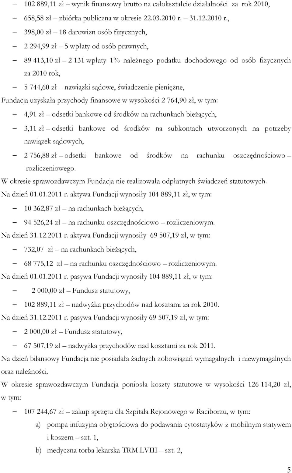 , 398,00 zł 18 darowizn osób fizycznych, 2 294,99 zł 5 wpłaty od osób prawnych, 89 413,10 zł 2 131 wpłaty 1% należnego podatku dochodowego od osób fizycznych za 2010 rok, 5 744,60 zł nawiązki sądowe,