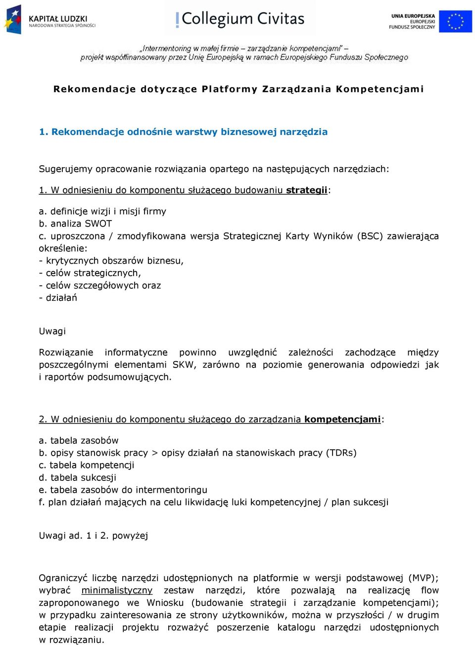 uproszczona / zmodyfikowana wersja Strategicznej Karty Wyników (BSC) zawierająca określenie: - krytycznych obszarów biznesu, - celów strategicznych, - celów szczegółowych oraz - działań Uwagi