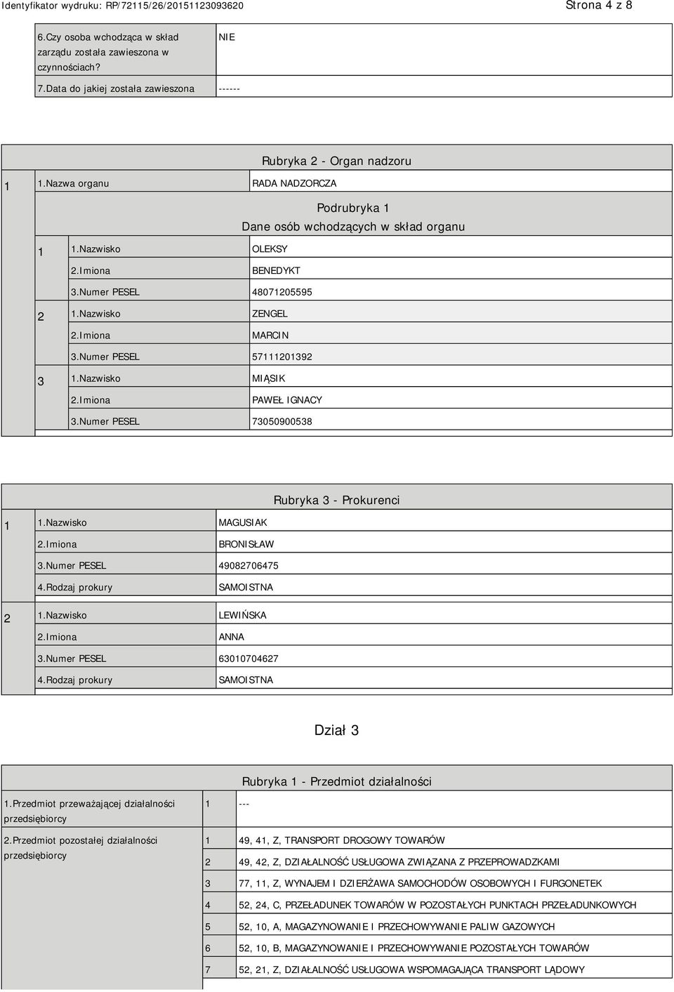 Nazwisko MIĄSIK PAWEŁ IGNACY 3.Numer PESEL 73050900538 1 1.Nazwisko MAGUSIAK Rubryka 3 - Prokurenci BRONISŁAW 3.Numer PESEL 49082706475 4.Rodzaj prokury SAMOISTNA 2 1.Nazwisko LEWIŃSKA ANNA 3.