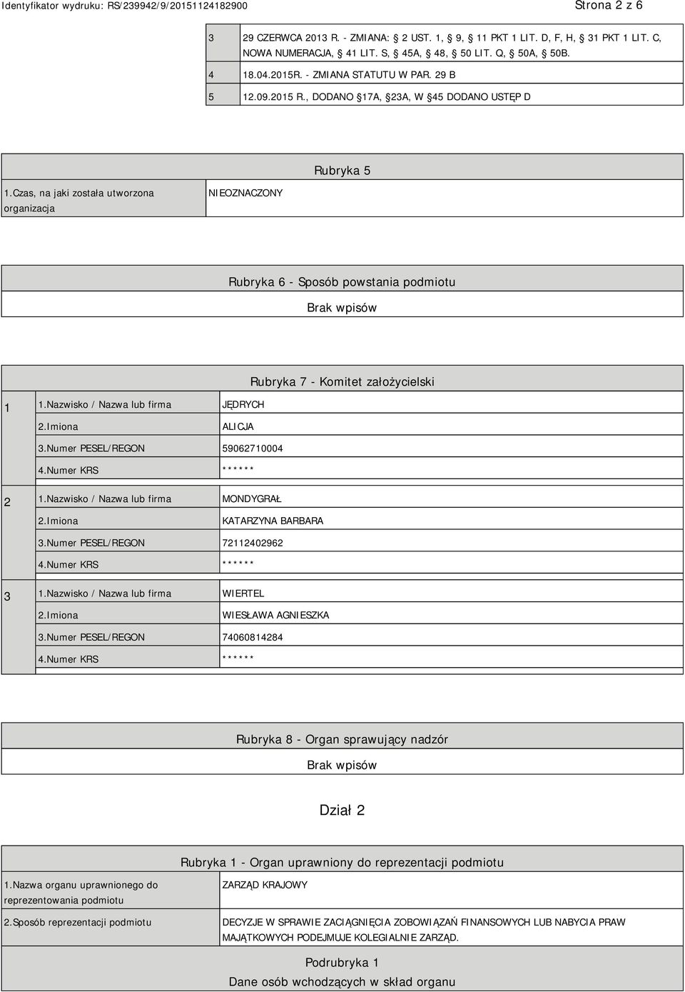 Nazwisko / Nazwa lub firma JĘDRYCH Rubryka 7 - Komitet założycielski ALICJA 3.Numer PESEL/REGON 59062710004 ** 2 1.Nazwisko / Nazwa lub firma MONDYGRAŁ KATARZYNA BARBARA 3.