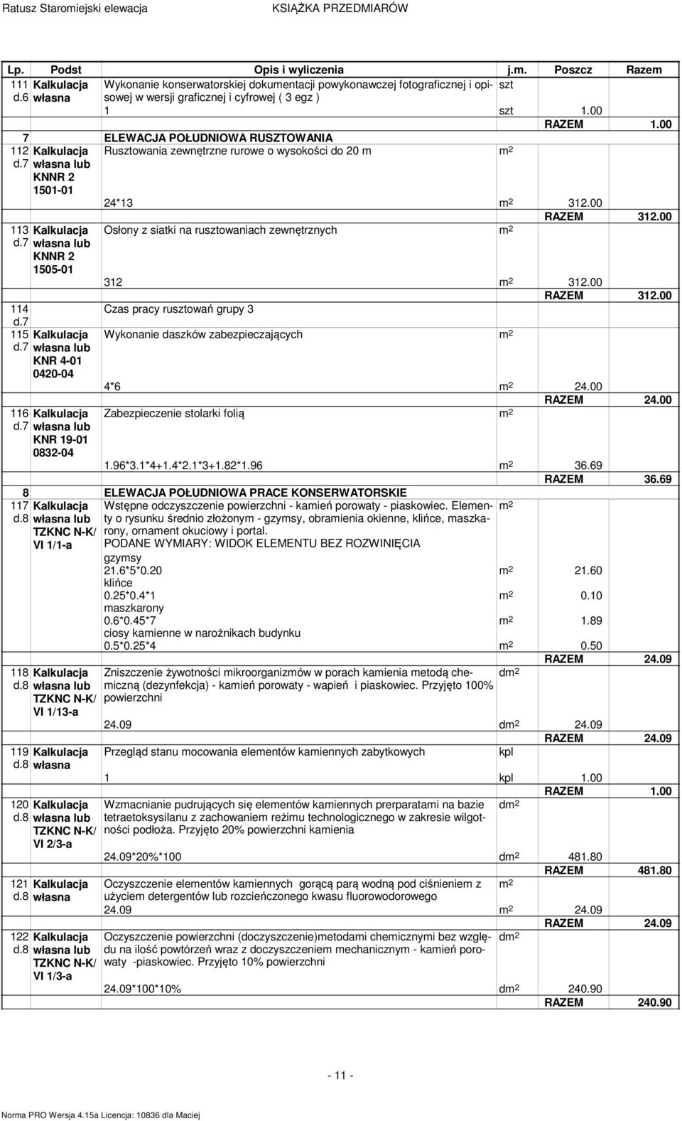 7 0420-04 116 Kalkulacja d.7 0832-04 117 d.8 Osłony z siatki na rusztowaniach zewnętrznych RAZEM 312.00 312 312.00 RAZEM 312.00 Czas pracy rusztowań grupy 3 Wykonanie daszków zabezpieczających 4*6 24.