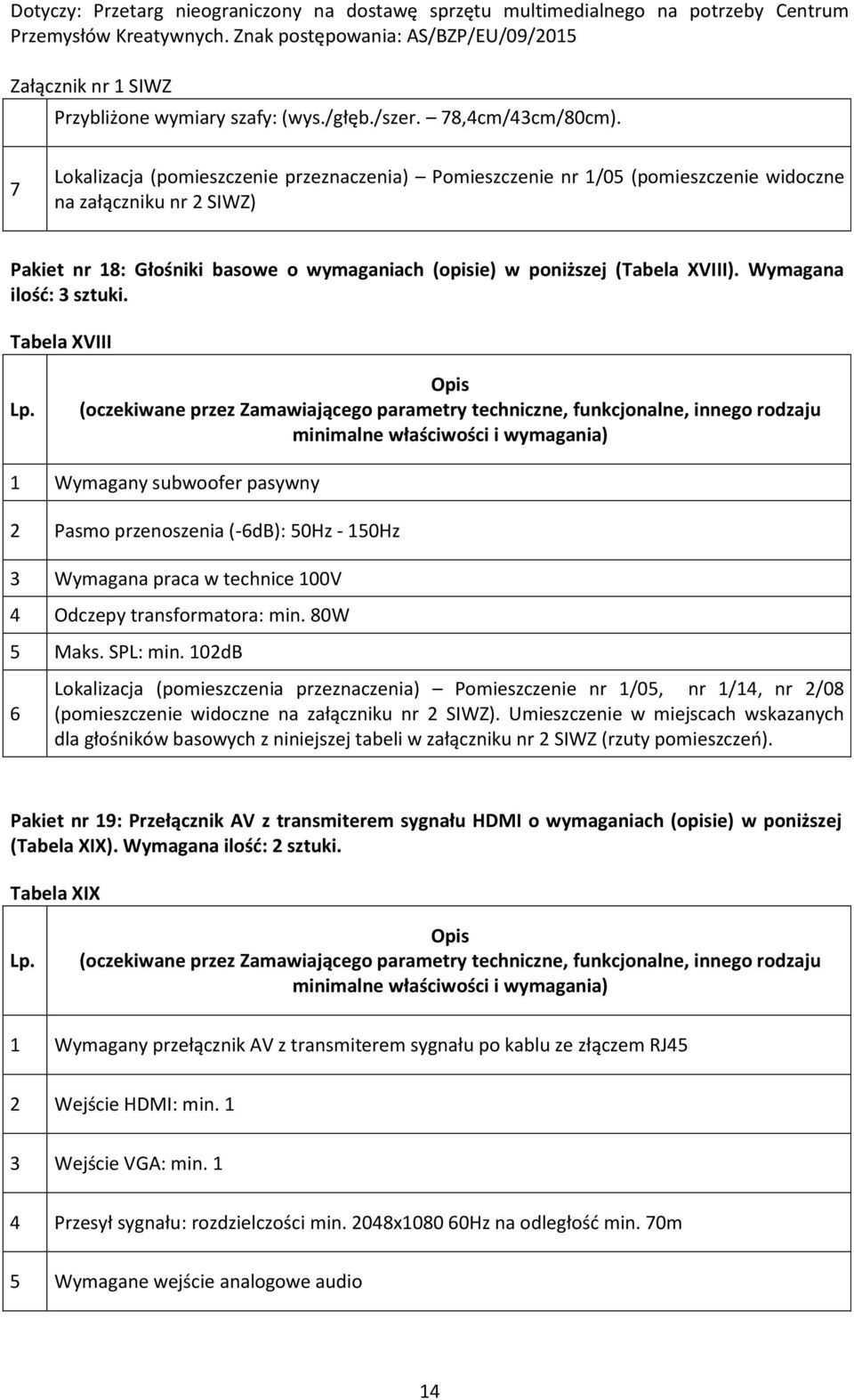 Tabela XVIII 1 Wymagany subwoofer pasywny 2 Pasmo przenoszenia (-db): 0Hz - 10Hz 3 Wymagana praca w technice 100V 4 Odczepy transformatora: min. 0W Maks. SPL: min.
