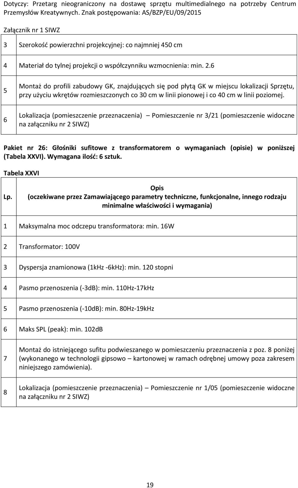 Lokalizacja (pomieszczenie przeznaczenia) Pomieszczenie nr 3/21 (pomieszczenie widoczne Pakiet nr 2: Głośniki sufitowe z transformatorem o wymaganiach (opisie) w poniższej (Tabela XXVI).