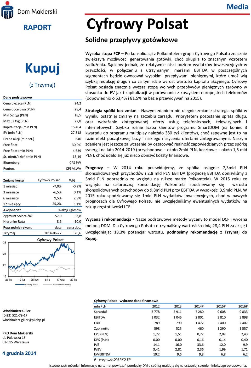 WA Zmiana kursu Cyfrowy Polsat WIG 1 miesiąc -7, -0,2% 3 miesiące -6,5% 0,1% 6 miesięcy 9,5% 2,9% 12 miesięcy 25,2% 1,1% Akcjonariat % akcji i głosów Zygmunt Solorz-Żak 57,9 63,8 Hieronim Ruta 8,6