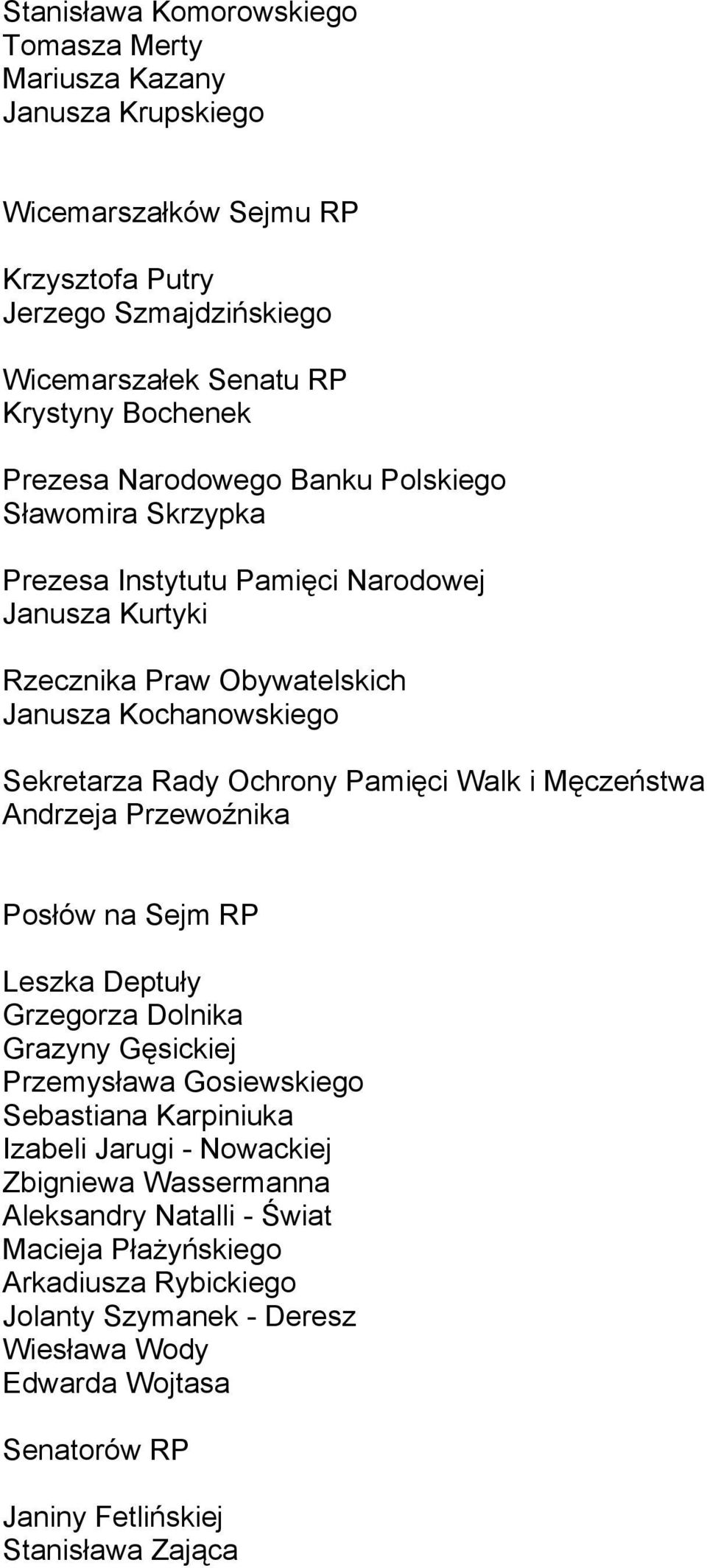 Pamięci Walk i Męczeństwa Andrzeja Przewoźnika Posłów na Sejm RP Leszka Deptuły Grzegorza Dolnika Grazyny Gęsickiej Przemysława Gosiewskiego Sebastiana Karpiniuka Izabeli Jarugi -