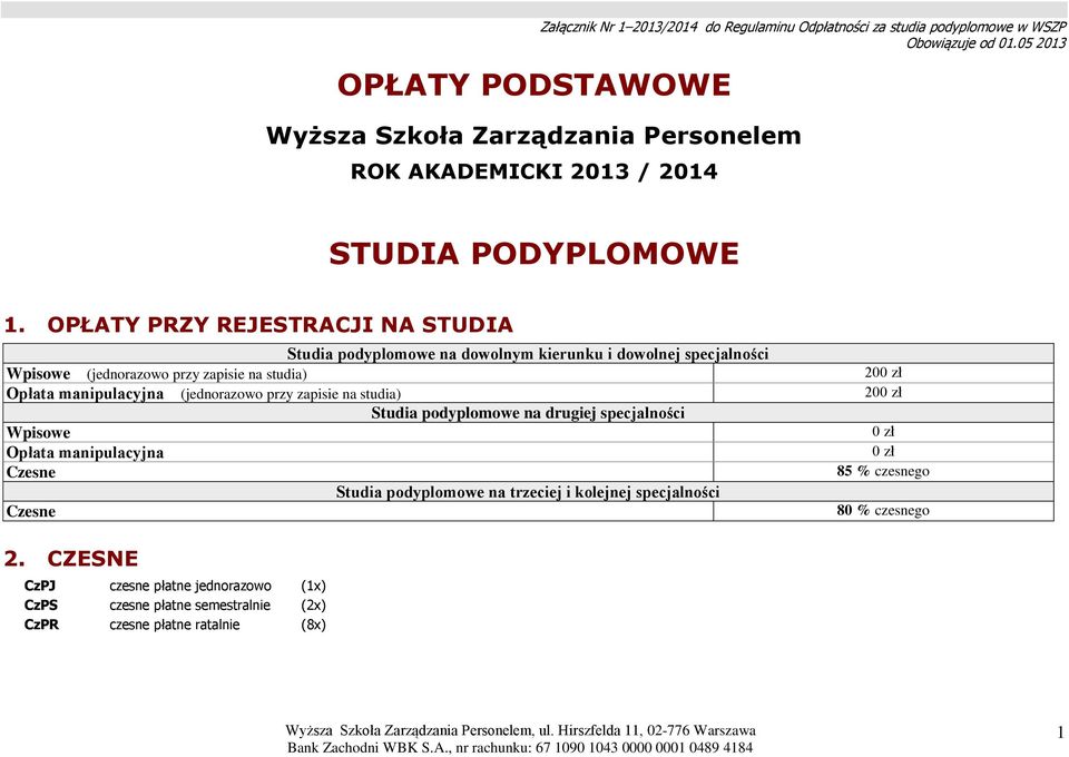 OPŁATY PRZY REJESTRACJI NA STUDIA Studia podyplomowe na dowolnym kierunku i dowolnej specjalności Wpisowe (jednorazowo przy zapisie na studia) 200 zł Opłata manipulacyjna