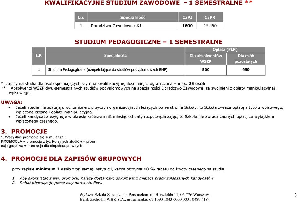 podyplomowych BHP) 500 650 * zapisy na studia dla osób spełniających kryteria kwalifikacyjne, ilość miejsc ograniczona max.