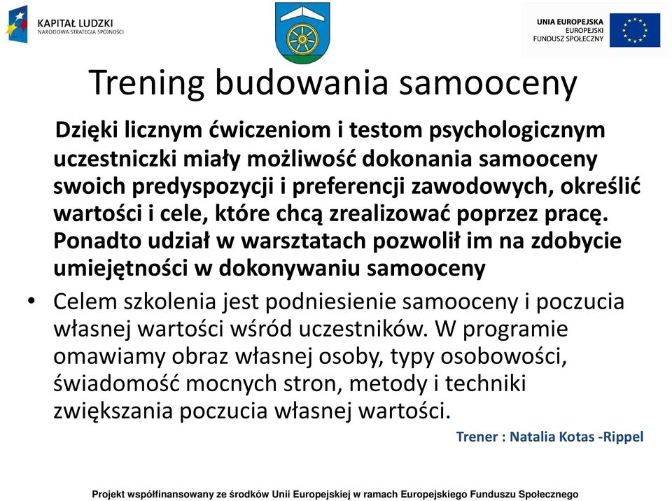 Ponadto udział w warsztatach pozwolił im na zdobycie umiejętności w dokonywaniu samooceny Celem szkolenia jest podniesienie samooceny i poczucia
