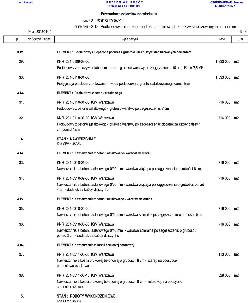KNR 231-0109-03-00 1 833,000 m2 Podbudowy z kruszywa stab. cementem - grubo warstwy po zag szczeniu: 10 cm, Rm = 2,5 MPa 30.