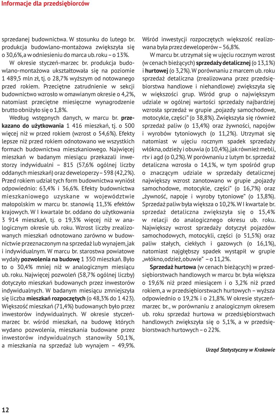 Przeciêtne zatrudnienie w sekcji budownictwo wzros³o w omawianym okresie o 4,2%, natomiast przeciêtne miesiêczne wynagrodzenie brutto obni y³o siê o 1,8%. Wed³ug wstêpnych danych, w marcu br.