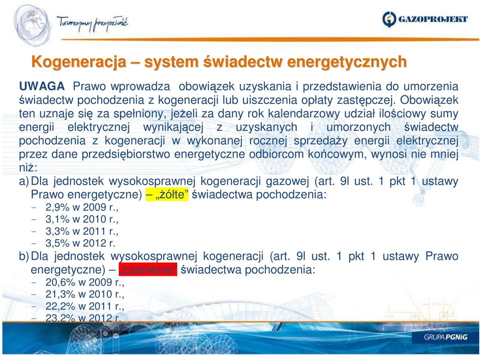 rocznej sprzedaŝy energii elektrycznej przez dane przedsiębiorstwo energetyczne odbiorcom końcowym, wynosi nie mniej niŝ: a) Dla jednostek wysokosprawnej kogeneracji gazowej (art. 9l ust.