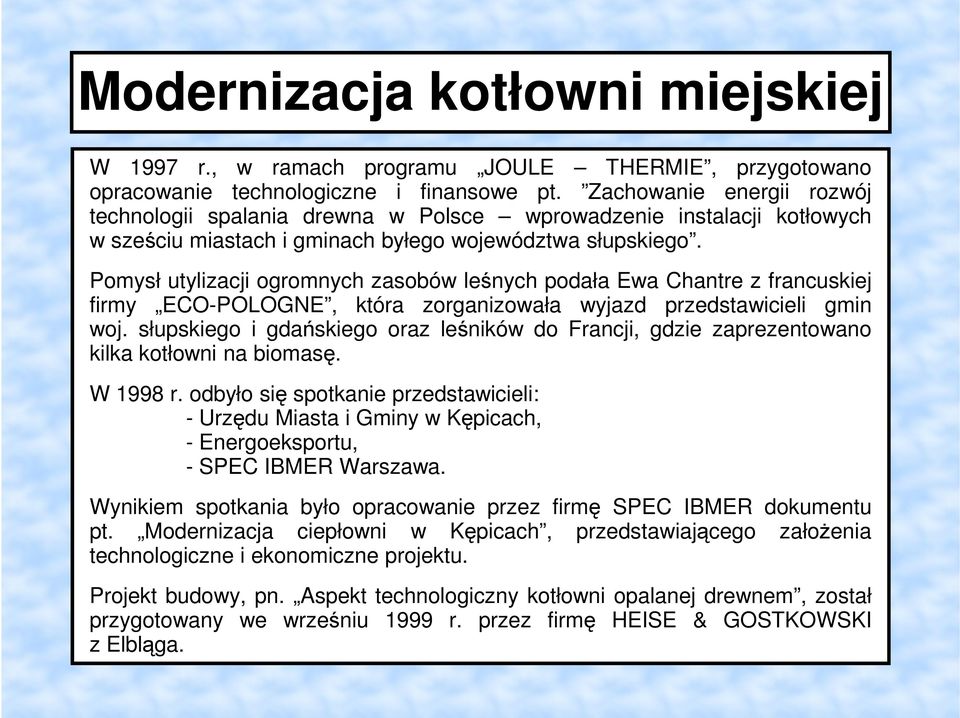 Pomysł utylizacji ogromnych zasobów leśnych podała Ewa Chantre z francuskiej firmy ECO-POLOGNE, która zorganizowała wyjazd przedstawicieli gmin woj.