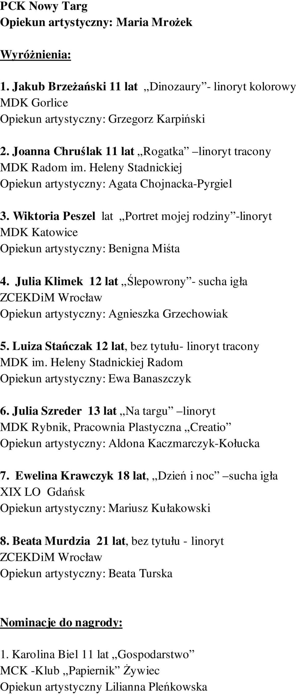 Luiza Stańczak 12 lat, bez tytułu- linoryt tracony MDK im. Heleny Stadnickiej Radom Opiekun artystyczny: Ewa Banaszczyk 6. Julia Szreder 13 lat Na targu linoryt 7.