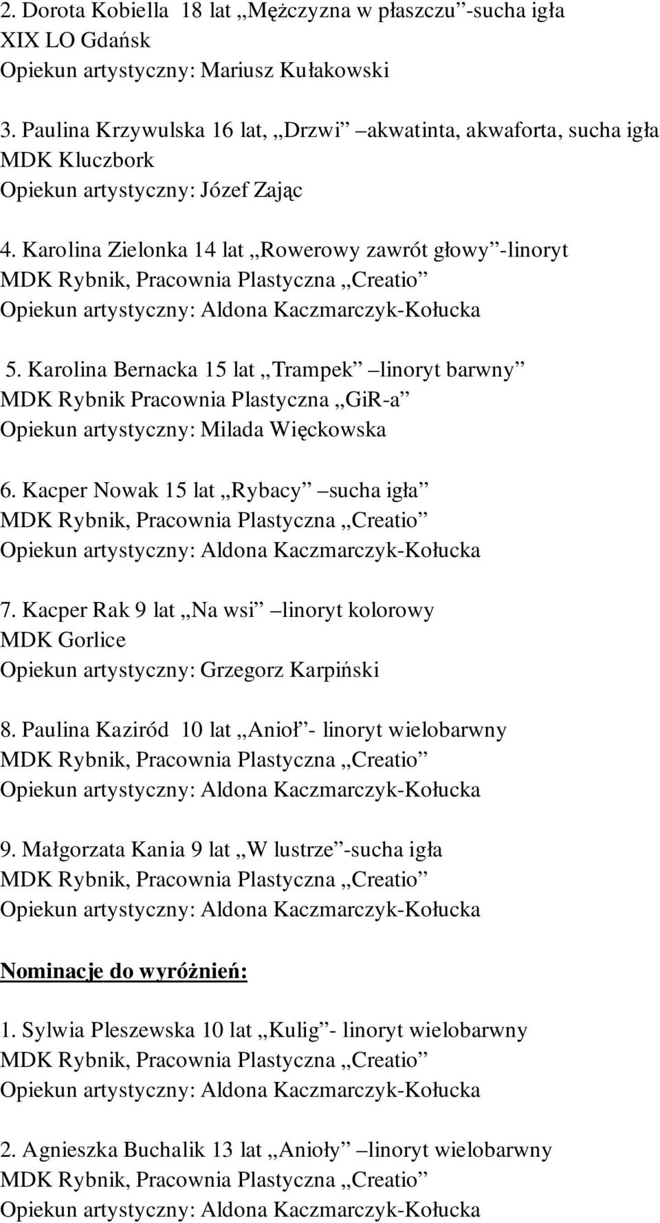 Karolina Bernacka 15 lat Trampek linoryt barwny MDK Rybnik Pracownia Plastyczna GiR-a Opiekun artystyczny: Milada Więckowska 6.