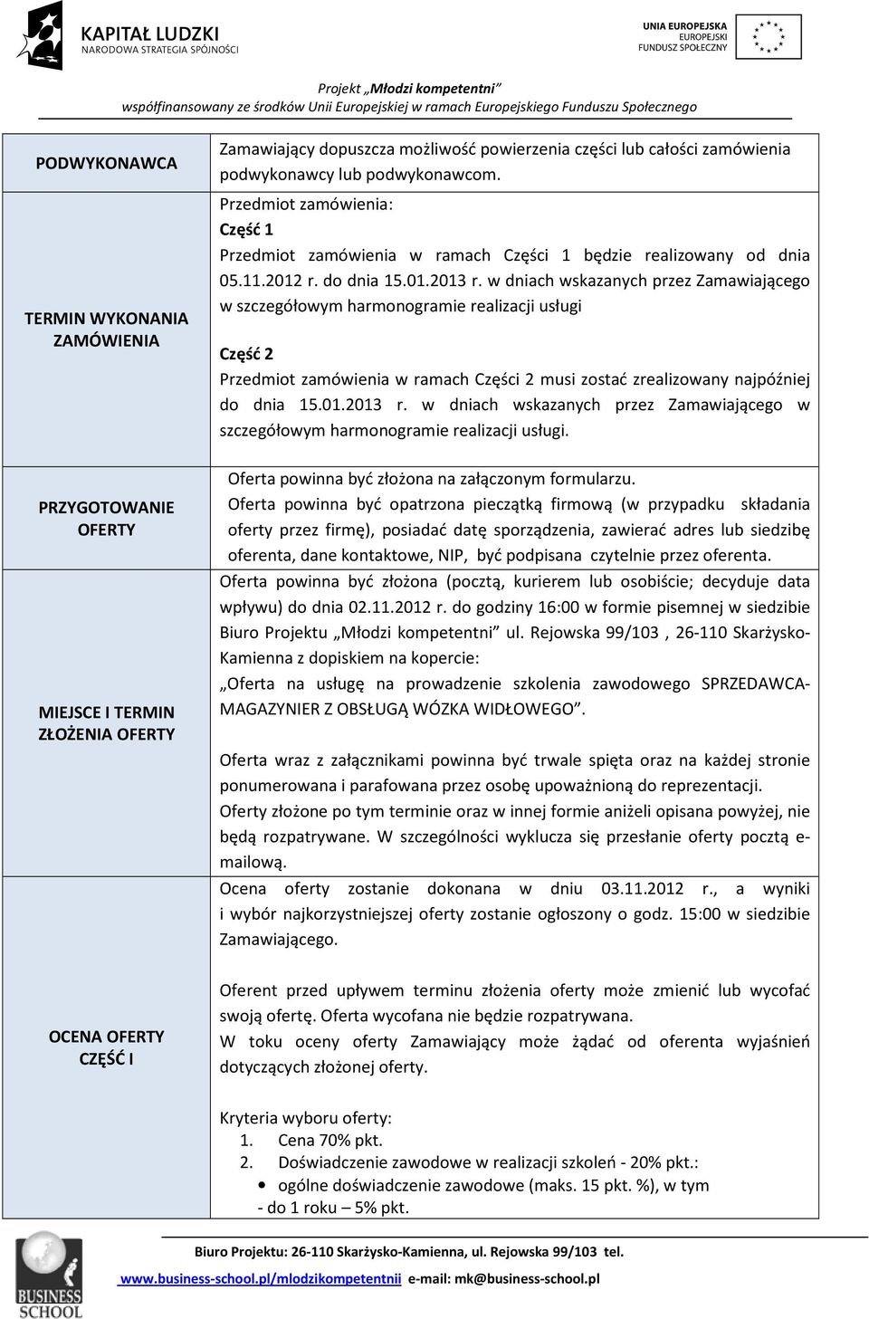 w dniach wskazanych przez Zamawiającego w szczegółowym harmonogramie realizacji usługi Część 2 Przedmiot zamówienia w ramach Części 2 musi zostać zrealizowany najpóźniej do dnia 15.01.2013 r.