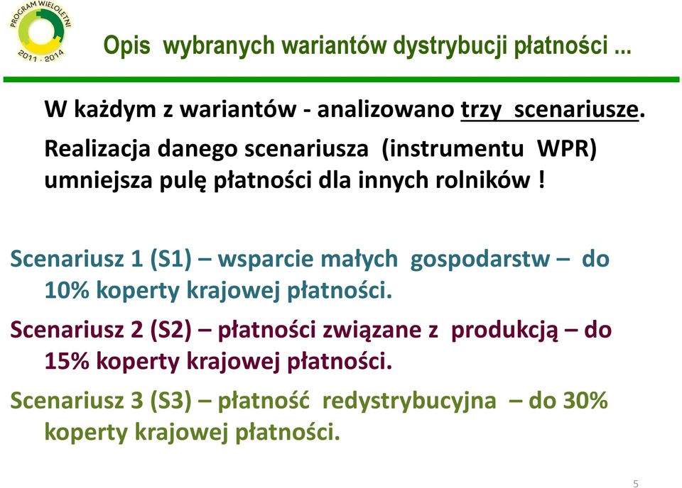 Scenariusz 1 (S1) wsparcie małych gospodarstw do 10% koperty krajowej płatności.