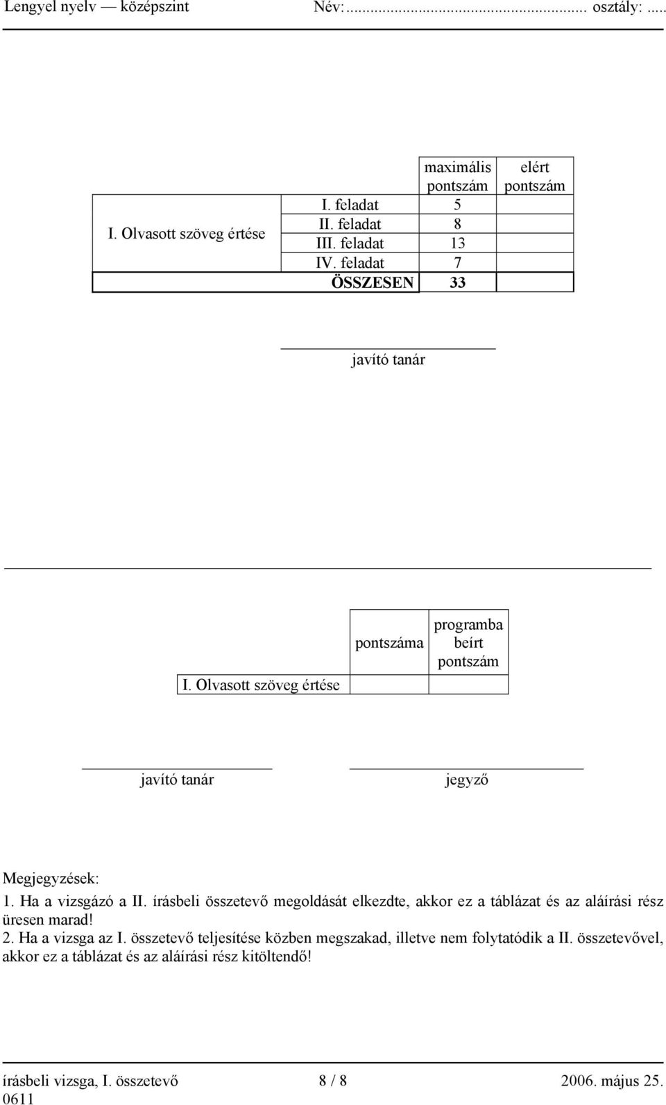 Olvasott szöveg értése pontszáma programba beírt pontszám javító tanár jegyző Megjegyzések: 1. Ha a vizsgázó a II.