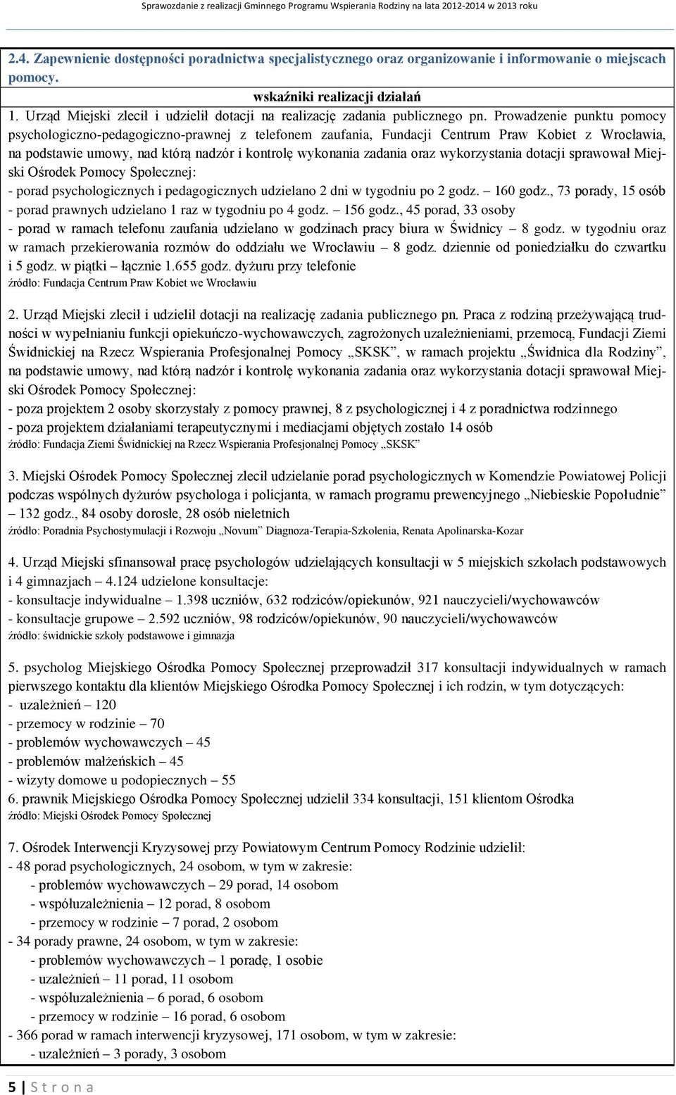 wykorzystania dotacji sprawował Miejski Ośrodek Pomocy Społecznej: - porad psychologicznych i pedagogicznych udzielano 2 dni w tygodniu po 2 godz. 160 godz.