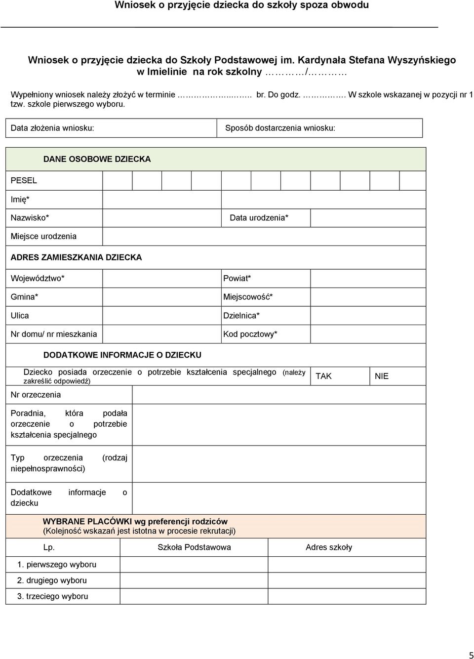 Data złożenia wniosku: Sposób dostarczenia wniosku: DANE OSOBOWE DZIECKA PESEL Imię* Nazwisko* Data urodzenia* Miejsce urodzenia ADRES ZAMIESZKANIA DZIECKA Województwo* Gmina* Ulica Nr domu/ nr