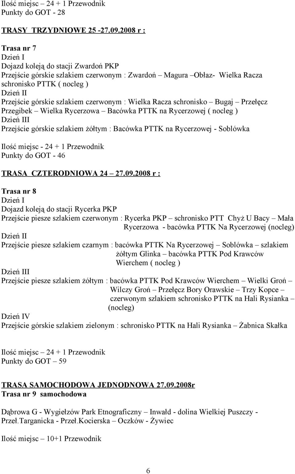 Wielka Racza schronisko Bugaj Przełęcz Przegibek Wielka Rycerzowa Bacówka PTTK na Rycerzowej ( nocleg ) II Przejście górskie szlakiem żółtym : Bacówka PTTK na Rycerzowej - Soblówka Ilość miejsc - 24